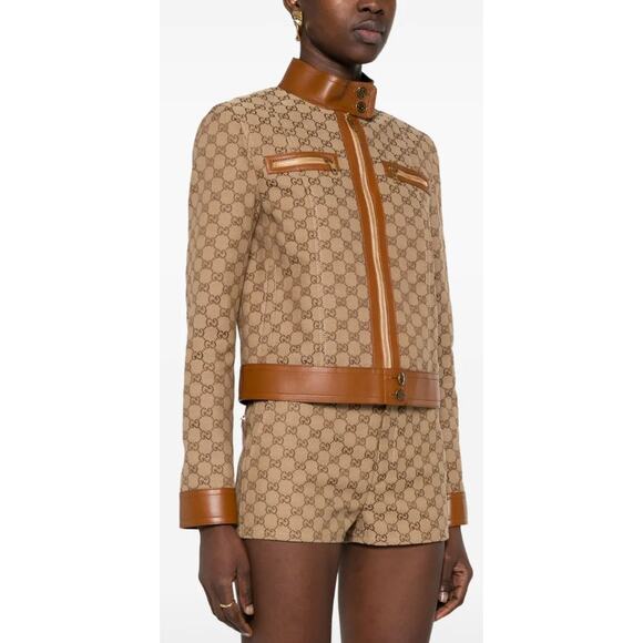 NWT Gucci GG Canvas Jacket Leather Trim Neutral Brown Tan Womens 40 / US 4 - Picture 3 of 16